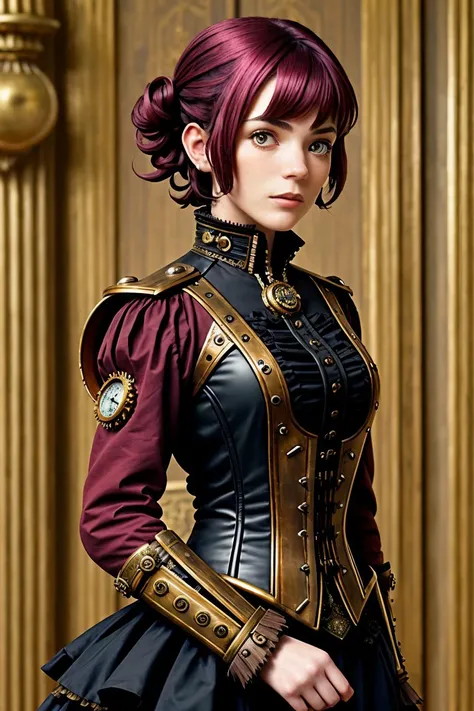(steampunk style, gears, brass, Victorian, intricate, detailed:1.15), upper body <lora:sd15_JamieDuff_v1:.9> JamieDuff, focus on face, wearing a star trek uniform , her pale cerise color hair is styled as layered bob with bangs hair,