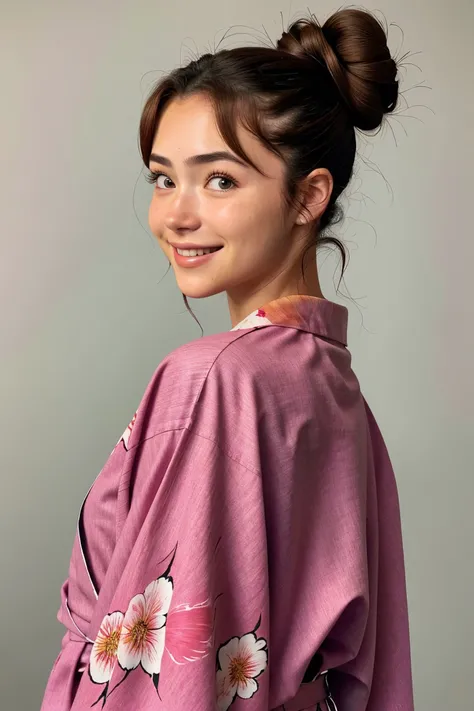 photorealistic rendering, detailed, realistic, high definition, upper body photo of <lora:sd15_JamieDuff_v1:.9> JamieDuff, focus on smiling face, wearing a rose print kimono , her spanish violet color hair is styled as loose chignon,