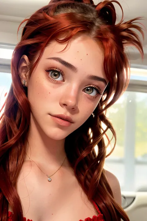 photo of <lora:sd15_JamieDuff_v1:.9> JamieDuff, focus on eyes, close up on face, wearing jewelry, light red hair styled messy half-up half-down, ND filter