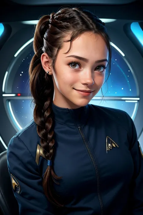 portrait photo of <lora:sd15_JamieDuff_v1:.9> JamieDuff, focus on smiling face, wearing a star trek uniform , her hair is styled as multi-braid hair,
