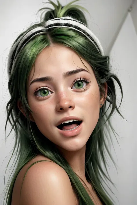 A close up of a woman with green hair and a headband - SeaArt AI