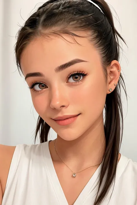 photo of <lora:sd15_JamieDuff_v1:.9> JamieDuff, focus on eyes, close up on face, smiling, wearing jewelry, hair styled wrapped ponytail,