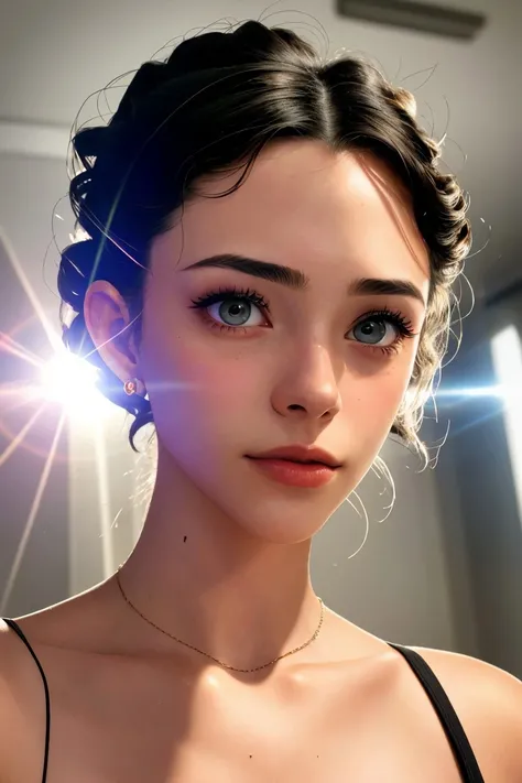 photo of <lora:sd15_JamieDuff_v1:.9> JamieDuff, focus on eyes, close up on face, wearing jewelry, hair styled finger waves lob hair, lens flare