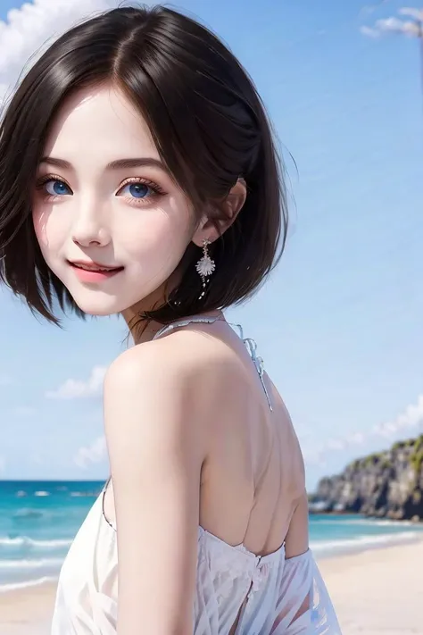 Cute girl, beautiful girl, masterwork, masterpiece, High definition, Fine portrait, sunshine, Cloudy sky, beach, swimwear, Delicate face, Delicate features, <lora:beautiful girl Cute girl_20230620110442:1.0>,