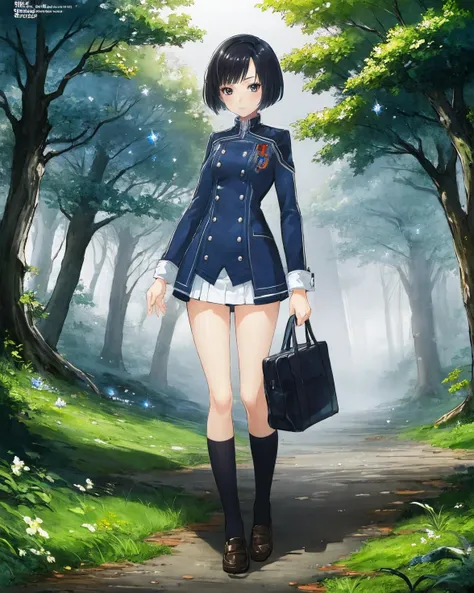 best quality, (masterpiece:1.2), illustration, absurdres, <lora:deluster2:-1>,  <lora:hairdetailer:0.5>,  <lora:boldline:-1>, <lora:flat2:0.7>,  particles, sparkles,
(1girl, solo, beautiful detailed girl), full body,
<lora:Maya-000008:0.9>, Maya, black hair, short hair, bob cut, black eyes, 
blue school uniform, black socks, loafers,
looking at viewer, 
swamp, trees, plants, fog, mist,