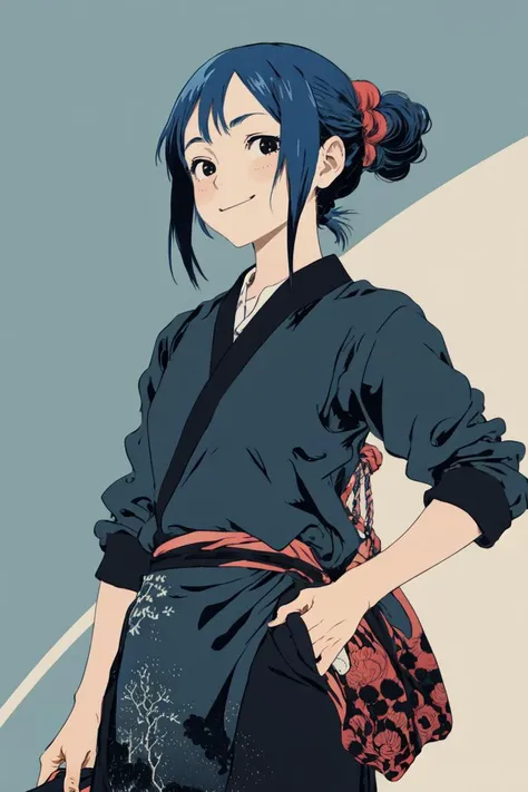 (masterpiece, best quality), anime, 1gir, school uniform, cowboy shot, smile, collared shirt and skirt, blue hair, turn one's face away, looking away, <lora:Flat_Design_last:3.0>, è飾 åæ, katsushikahokusai, <lora:KatsushikaHokusai:0.9>