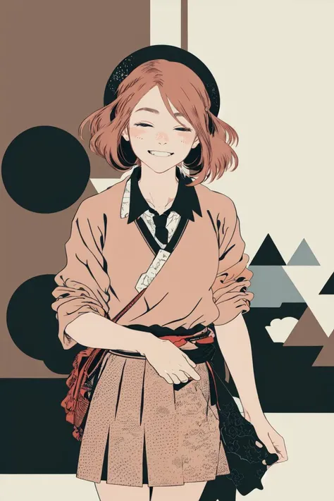 (masterpiece, best quality), 1gir, school uniform, cowboy shot, smile, collared shirt and skirt, red hair, turn one's face away, looking away, indoors, <lora:Flat_Design_last:3.0>, è飾 åæ, katsushikahokusai, <lora:KatsushikaHokusai:0.8>