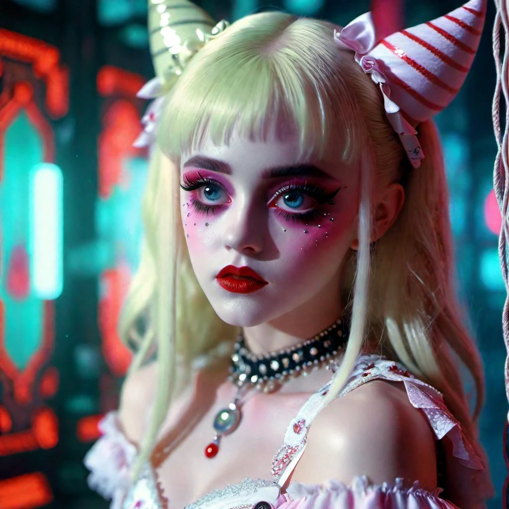 <lora:add-detail-xl:0.8> Very sad crying Jester clown girl wearing a clinging white lace dress portrait, cinematography, testp,,sharpen, perfect eyes, hyper realistic,1080p,128k,carnival style , red liquid, sinister, Antichrist, motherboard background blurred, ropes , poster, pastel colors, rudi giger, cinematic lighting, 3d, creepy, evil theme, ethereal, floral, ghostcore, gothic, paranormal, romantic, vaporwave, harlem renaissance, riverdale, sailor moon, bay and gable architecture, decora kei outfit, dumb blonde,( psychedelic lsd trip background 1.4), bright coloured fractals (Larry Carlson 1.3), , cinematic quality, cinematic lighting, voodoo, sinister,128k, hyper realistic, pastel colour palette,(mark ryden 1.3) <lora:bigeyes-xl-v1:0.8> big eyes, anime eyes <lora:Dark_Futuristic_Circuit_Boards:0.8> circuitboard, dark futuristic <lora:Larry Carlson Style:0.8> Larry Carlson Style page