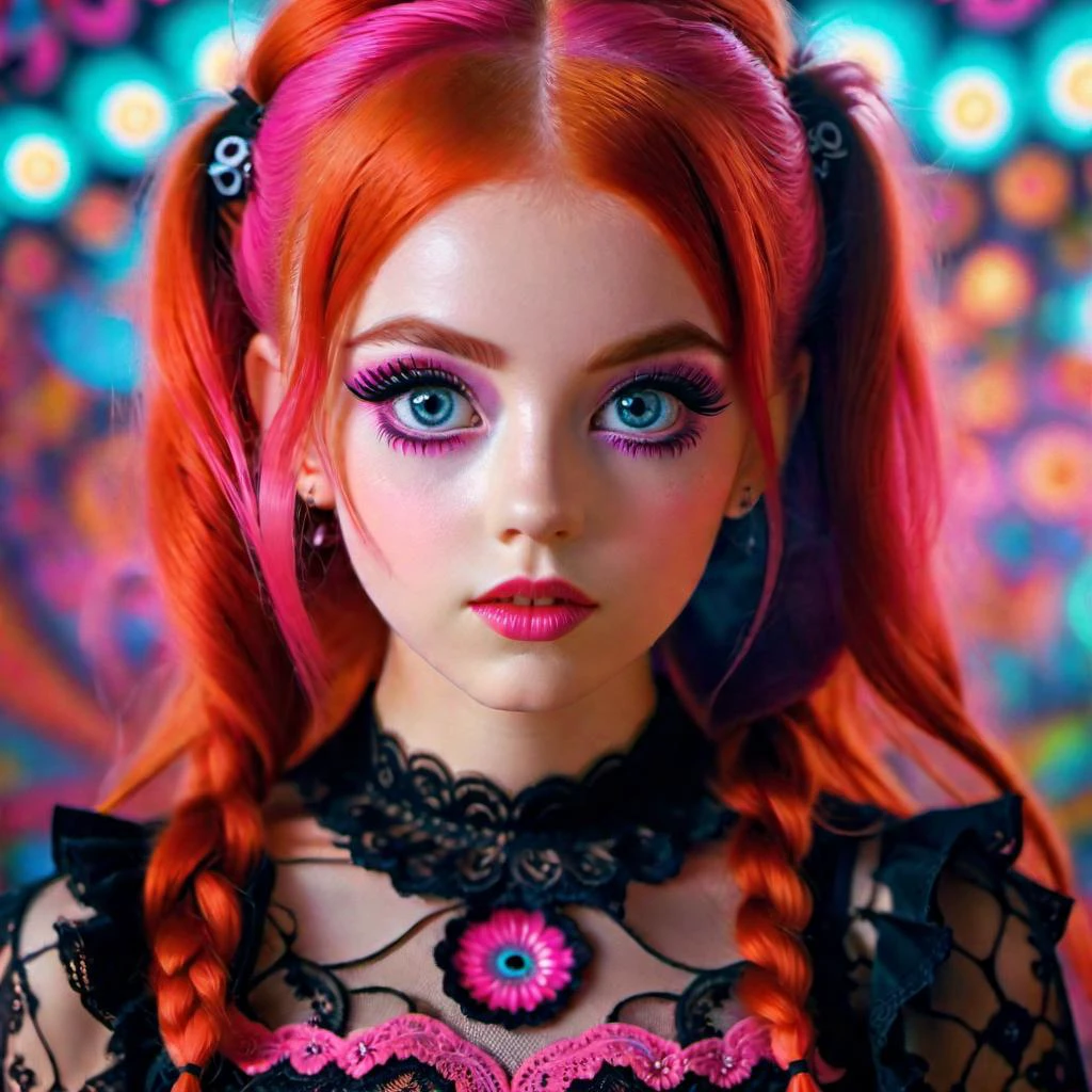 <lora:add-detail-xl:0.8> Petite long red haired girl with pigtails wearing black lace top with pink skirt,and psychedelic swirl background, perfect eyes, fullbody, perfect face,stunningly pretty, maxim, 128k, cinematic quality, voodoo,hyperrealism, sharpen, 1080p, Larry Carlson raw candid photo perfect eyes, perfect face (psychedelic lsd trip background 1.4), bright coloured fractals (Larry Carlson 1.3), , cinematic quality, cinematic lighting, voodoo, sinister,128k, hyper realistic, pastel colour palette,(mark ryden 1.3) <lora:bigeyes-xl-v1:0.8> big eyes, anime eyes <lora:Dark_Futuristic_Circuit_Boards:0.8> circuitboard, dark futuristic <lora:Larry Carlson Style:0.8> Larry Carlson Style page