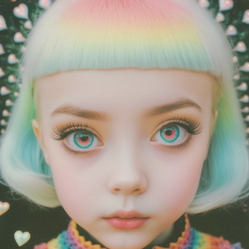 <lora:add-detail-xl:0.8> ((fullbody: 1.3)) ((perfect bong: 1.3)) (( ((RAW photo:1.2), (photorealistic:1.4),(masterpiece:1.4),(best quality:1.4) an image of a young girl with a pink face and a lot of colorful things all around, in the style of hyper-realistic pop, otherworldly creatures, meticulous design, kawacy, 3d, interdimensional landscapes, shiny eyes, macabre sublime, whitcomb-girls 1.3)) in the style of psychedelic manga, light yellow and dark pink, spray painted realism, chinapunk, shiny eyes, zombiecore, tondo, in the style of glitch art, daz3d, humor meets heart, fantastical otherworldly visions, candycore, mosaic-inspired realism, a Zipper for a mouth :1.3)),4k HD, rhythm on display in a brightly colored space, in the style of fantastical otherworldly visions, kawaii, digitally manipulated images, ghostly presence, global illumination, shiny eyes,fractal geometric patterns with rainbow hues :1.5)) ((black and white tiles with pastel coloured rainbows hues fractalstwo s in a bear outfit have shirts with hearts background :1.5)), (fractal geometric patterns with rainbow hues :1.5)) ((black and white tiles with pastel coloured rainbows hues fractals pilco predicta chalet 1959 model television background :1.5)), ((mushroomcore :1.4)), hyper realistic detail, perfect eyes, ((fullbody :1.5)), ((heart shaped lights :1.5)), stunningly pretty, maxim, 128k, cinematic quality cinematic lighting, 1080p, sharpen, hyperrealism, lEICA SL2 50mm F 1.4 kit, mirrorless lens (( psychedelic lsd trip background :1.4)), ((bright coloured fractals :1.5)) ((Larry Carlson :1.3)), , cinematic quality, cinematic lighting, voodoo, sinister,128k, hyper realistic, pastel colour palette,((mark ryden 1.3)) <lora:Larry Carlson Style:0.8> Larry Carlson Style page <lora:Polaroid_Film:0.8> polaroid film photography, soft focus <lora:bigeyes-v2_16x8-4x1:0.1> big eyes, anime eyes