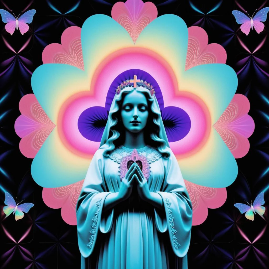 <lora:add-detail-xl:0.8> ((fullbody: 1.3)) ((perfect face: 1.3)) ((perfect inverted neon cross's: 1.3)) ((pastel virgin mary 1.3) (( a satanic image of a<lora:add-detail-xl:1>((androgynous girl, Butterfly, superimposed, with opal colour Curly Finger Waves hair in the style of realistic hyper-detail, light purple and white, detailed dreamscapes--style raw1.3)) (pretty young woman:1.1) with elegant, opal colour Curly Finger Waves hair, perfect violet eyes, fair skin, wearing a chic (work dress:1.2), often white and coral lace hippie dress, with a delicate lace apron, (perfume bottles:1.1).: 1.3)), in the style of Larry Carlson, fujifilm eterna vivid 500t, playful, youthful images, rainbowcore, virgin mary, looking at the camera, in the style of minimalist figures, mysterious backdrops, photography installations, cut-out silhouettes, hyper-realistic portraits, mcdonaldpunk, letras y figuras , 3d, kawaii aesthetic, fractal geometric patterns with rainbow hues :1.5)) ((black and white tiles with pastel coloured rainbows hues fractals fantasy image with a perfect inverted neon cross's, in the style of medicalcore, light azure and pink :1.5)), (fractal geometric patterns with rainbow hues :1.5)) ((black and white tiles with pastel coloured rainbows hues fractals :1.5)), ((mushroomcore :1.4)), hyper realistic detail, perfect eyes, (( virgin mary :1.5)), ((heart shaped lights :1.5)), stunningly pretty, maxim, 128k, cinematic quality cinematic lighting, 1080p, sharpen, hyperrealism, (( psychedelic lsd trip background :1.4)), ((bright coloured fractals :1.5)) ((Larry Carlson :1.3)), , cinematic quality, cinematic lighting, voodoo, sinister,128k, hyper realistic, pastel colour palette,((mark ryden 1.3)) <lora:Larry Carlson Style:0.8> Larry Carlson Style page <lora:Polaroid_Film:0.8> polaroid film photography, soft focus