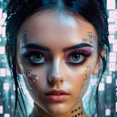 <lora:add-detail-xl:0.8> Double exposure close up image of A 1girl, runny makeup, black hair, black eyes, eyeshadow, eyeliner, t-shirt, skull,, masterpiece, best quality, highly detailed, playing game, wearing a VR Headset, looking up. Face merged into a matrix code waterfall, we see the double exposure break down on the face and numbers flowing like a waterfall backdrop shimmering, fullbody, perfect eyes, perfect features, perfect hands, perfect body, 128k, 1080p, cinematic quality, cinematic lighting, voodoo, sinister, diabolical, testp, stunningly beautiful, maxim, hyper realistic details, lEICA SL2 50mm F 1.4 kit,mirrorless lens ( psychedelic lsd trip background 1.4), bright coloured fractals (Larry Carlson 1.3), , cinematic quality, cinematic lighting, voodoo, sinister,128k, hyper realistic, pastel colour palette,(mark ryden 1.3) <lora:bigeyes-xl-v1:0.8> big eyes, anime eyes <lora:Dark_Futuristic_Circuit_Boards:0.8> circuitboard, dark futuristic <lora:Larry Carlson Style:0.8> Larry Carlson Style page