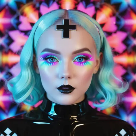 <lora:add-detail-xl:0.8> ((fullbody: 1.3)) ((perfect face: 1.3)) ((perfect inverted neon cross: 1.3)) (( a satanic image of a<lora:add-detail-xl:1>((a sexy Norwegian girl in a latex nun costume, looking at cross: 1.3)), opal colour Curly Finger Waves hair, perfect violet eyes in the style of larry carlson, fujifilm eterna vivid 500t, playful, youthful images, rainbowcore, traditional poses, 3d, kawaii aesthetic,fractal geometric patterns with rainbow hues :1.5)) ((black and white tiles with pastel coloured rainbows hues fractals fantasy image with a perfect inverted neon cross's, in the style of medicalcore, light azure and pink :1.5)), (fractal geometric patterns with rainbow hues :1.5)) ((black and white tiles with pastel coloured rainbows hues fractals  :1.5)), ((mushroomcore :1.4)), hyper realistic detail, perfect eyes, ((fullbody :1.5)), ((heart shaped lights :1.5)), stunningly pretty, maxim, 128k, cinematic quality cinematic lighting, 1080p, sharpen, hyperrealism,  (( psychedelic lsd trip background :1.4)), ((bright coloured fractals :1.5)) ((Larry Carlson :1.3)), , cinematic quality, cinematic lighting, voodoo, sinister,128k, hyper realistic, pastel colour palette,((mark ryden 1.3))   <lora:Larry Carlson Style:0.8> Larry Carlson Style page <lora:Polaroid_Film:0.8> polaroid film photography, soft focus