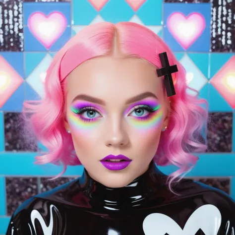 <lora:add-detail-xl:0.8> ((fullbody: 1.3)) ((perfect face: 1.3)) ((perfect inverted neon cross: 1.3)) (( a satanic image of a<lora:add-detail-xl:1>((a sexy Norwegian girl in a latex nun costume, looking at cross: 1.3)), opal colour Curly Finger Waves hair, perfect violet eyes in the style of larry carlson, fujifilm eterna vivid 500t, playful, youthful images, rainbowcore, a nun dressed like a monster looking at the camera, in the style of minimalist figures, mysterious backdrops, photography installations, cut-out silhouettes, hyper-realistic portraits, mcdonaldpunk, letras y figuras , 3d, kawaii aesthetic,fractal geometric patterns with rainbow hues :1.5)) ((black and white tiles with pastel coloured rainbows hues fractals fantasy image with a perfect inverted neon cross's, in the style of medicalcore, light azure and pink :1.5)), (fractal geometric patterns with rainbow hues :1.5)) ((black and white tiles with pastel coloured rainbows hues fractals :1.5)), ((mushroomcore :1.4)), hyper realistic detail, perfect eyes, ((fullbody :1.5)), ((heart shaped lights :1.5)), stunningly pretty, maxim, 128k, cinematic quality cinematic lighting, 1080p, sharpen, hyperrealism, (( psychedelic lsd trip background :1.4)), ((bright coloured fractals :1.5)) ((Larry Carlson :1.3)), , cinematic quality, cinematic lighting, voodoo, sinister,128k, hyper realistic, pastel colour palette,((mark ryden 1.3)) <lora:Larry Carlson Style:0.8> Larry Carlson Style page <lora:Polaroid_Film:0.8> polaroid film photography, soft focus
