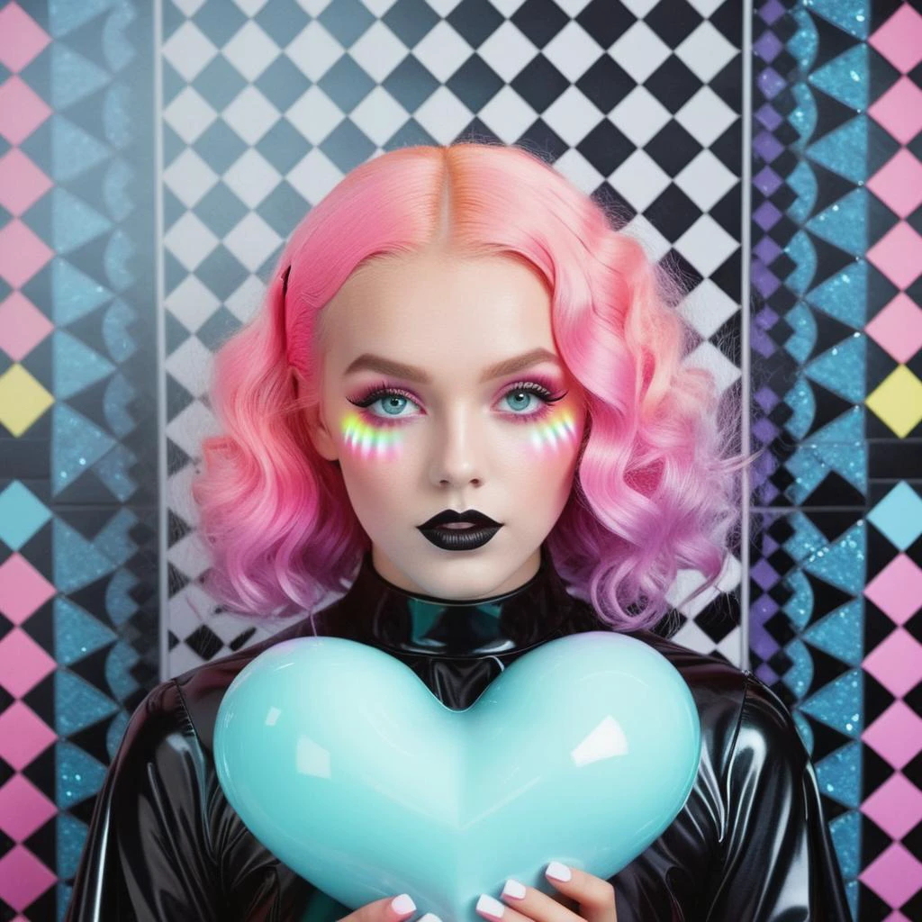 <lora:add-detail-xl:0.8> ((fullbody: 1.3)) ((perfect face: 1.3)) ((perfect inverted neon cross: 1.3)) (( a satanic image of a<lora:add-detail-xl:1>((a sexy Norwegian girl in a latex nun costume, looking at cross: 1.3)), opal colour Curly Finger Waves hair, perfect violet eyes in the style of larry carlson, fujifilm eterna vivid 500t, playful, youthful images, rainbowcore, a nun dressed like a monster looking at the camera, in the style of minimalist figures, mysterious backdrops, photography installations, cut-out silhouettes, hyper-realistic portraits, mcdonaldpunk, letras y figuras , 3d, kawaii aesthetic,fractal geometric patterns with rainbow hues :1.5)) ((black and white tiles with pastel coloured rainbows hues fractals fantasy image with a perfect inverted neon cross's, in the style of medicalcore, light azure and pink :1.5)), (fractal geometric patterns with rainbow hues :1.5)) ((black and white tiles with pastel coloured rainbows hues fractals :1.5)), ((mushroomcore :1.4)), hyper realistic detail, perfect eyes, ((fullbody :1.5)), ((heart shaped lights :1.5)), stunningly pretty, maxim, 128k, cinematic quality cinematic lighting, 1080p, sharpen, hyperrealism, (( psychedelic lsd trip background :1.4)), ((bright coloured fractals :1.5)) ((Larry Carlson :1.3)), , cinematic quality, cinematic lighting, voodoo, sinister,128k, hyper realistic, pastel colour palette,((mark ryden 1.3)) <lora:Larry Carlson Style:0.8> Larry Carlson Style page <lora:Polaroid_Film:0.8> polaroid film photography, soft focus