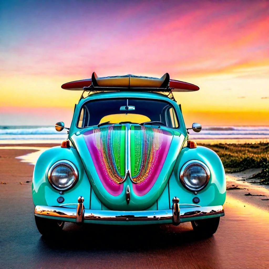 <lora:add-detail-xl:0.8> Vw beetle with vintage roof racks and surfboard and old vintage case on roof and with mag wheels parked at the beach at sunset,gorgeous looking, raw photography, high quality resolution, hyper realistic details, award winning photography, LEICA SL2 50MM f 1.4 kit mirrorless lens, maxim, cinematic quality, cinematic lighting( psychedelic lsd trip background 1.4), bright coloured fractals (Larry Carlson 1.3), , cinematic quality, cinematic lighting, voodoo, sinister,128k, hyper realistic, pastel colour palette,(mark ryden 1.3) <lora:bigeyes-xl-v1:0.8> big eyes, anime eyes <lora:Dark_Futuristic_Circuit_Boards:0.8> circuitboard, dark futuristic <lora:Larry Carlson Style:0.8> Larry Carlson Style page