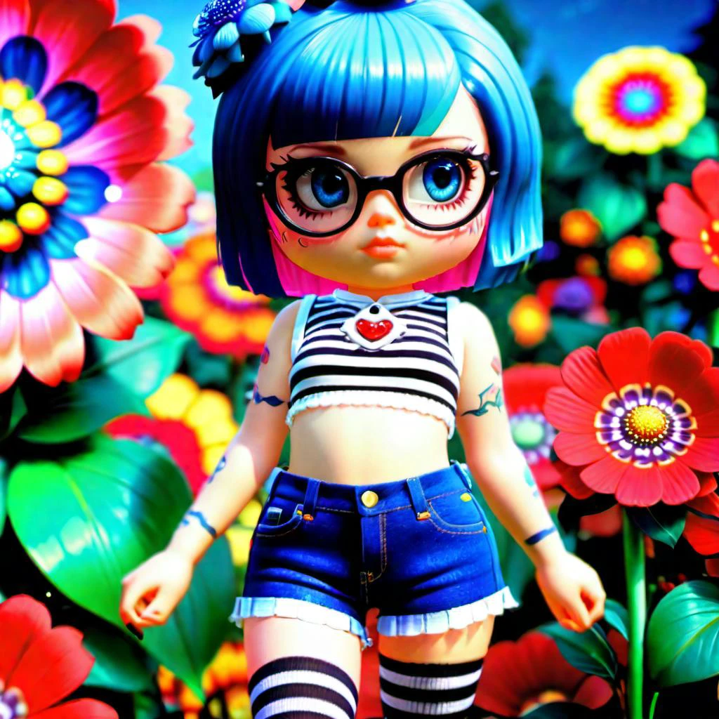 <lora:add-detail-xl:0.8> Emo girl with black and white striped thigh high socks and denim shorts with lace, large flower garden in background, fullbody, perfect eyes, glasses, piercings, fully coloured tattoos, maxim, perfect eyes, perfect features, 128k, black light, neon hues, stunningly pretty, hyper realistic details, cinematic lighting, cinematic quality, sharpen, Canon EOS1200p( psychedelic lsd trip background 1.4), bright coloured fractals (Larry Carlson 1.3), , cinematic quality, cinematic lighting, voodoo, sinister,128k, hyper realistic, pastel colour palette,(mark ryden 1.3) <lora:bigeyes-xl-v1:0.8> big eyes, anime eyes <lora:Dark_Futuristic_Circuit_Boards:0.8> circuitboard, dark futuristic <lora:Larry Carlson Style:0.8> Larry Carlson Style page <lora:dongsen_xl:0.8> chibi,3D