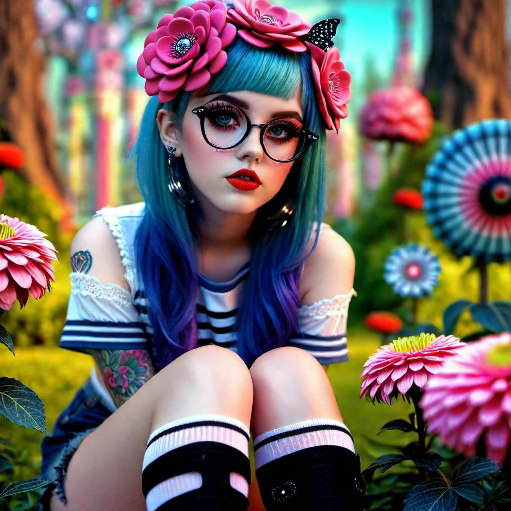 <lora:add-detail-xl:0.8> Emo girl with black and white striped thigh high socks and denim shorts with lace, large flower garden in background, fullbody, perfect eyes, glasses, piercings, fully coloured tattoos, maxim, perfect eyes, perfect features, 128k, black light, neon hues, stunningly pretty, hyper realistic details, cinematic lighting, cinematic quality, sharpen, Canon EOS1200p( psychedelic lsd trip background 1.4), bright coloured fractals (Larry Carlson 1.3), , cinematic quality, cinematic lighting, voodoo, sinister,128k, hyper realistic, pastel colour palette,(mark ryden 1.3) <lora:bigeyes-xl-v1:0.8> big eyes, anime eyes <lora:Dark_Futuristic_Circuit_Boards:0.8> circuitboard, dark futuristic <lora:Larry Carlson Style:0.8> Larry Carlson Style page