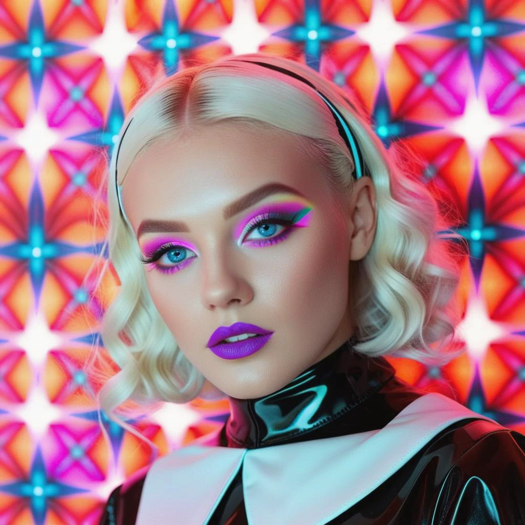 <lora:add-detail-xl:0.8> ((fullbody: 1.3)) ((perfect face: 1.3)) ((perfect inverted neon cross: 1.3)) (( a satanic image of a<lora:add-detail-xl:1>((a sexy Norwegian girl in a latex nun costume, looking at cross: 1.3)), opal colour Curly Finger Waves hair, perfect violet eyes in the style of larry carlson, fujifilm eterna vivid 500t, playful, youthful images, rainbowcore, traditional poses, 3d, kawaii aesthetic,fractal geometric patterns with rainbow hues :1.5)) ((black and white tiles with pastel coloured rainbows hues fractals fantasy image with a perfect inverted neon cross's, in the style of medicalcore, light azure and pink :1.5)), (fractal geometric patterns with rainbow hues :1.5)) ((black and white tiles with pastel coloured rainbows hues fractals :1.5)), ((mushroomcore :1.4)), hyper realistic detail, perfect eyes, ((fullbody :1.5)), ((heart shaped lights :1.5)), stunningly pretty, maxim, 128k, cinematic quality cinematic lighting, 1080p, sharpen, hyperrealism, (( psychedelic lsd trip background :1.4)), ((bright coloured fractals :1.5)) ((Larry Carlson :1.3)), , cinematic quality, cinematic lighting, voodoo, sinister,128k, hyper realistic, pastel colour palette,((mark ryden 1.3)) <lora:Larry Carlson Style:0.8> Larry Carlson Style page <lora:Polaroid_Film:0.8> polaroid film photography, soft focus