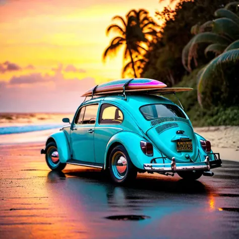 <lora:add-detail-xl:0.8> Vw beetle with vintage roof racks and surfboard and old vintage case on roof and with mag wheels parked at the beach at sunset,gorgeous looking, raw photography, high quality resolution, hyper realistic details, award winning photography, LEICA SL2 50MM f 1.4 kit mirrorless lens, maxim, cinematic quality, cinematic lighting( psychedelic lsd trip background 1.4), bright coloured fractals (Larry Carlson 1.3), , cinematic quality, cinematic lighting, voodoo, sinister,128k, hyper realistic, pastel colour palette,(mark ryden 1.3) <lora:bigeyes-xl-v1:0.8> big eyes, anime eyes <lora:Dark_Futuristic_Circuit_Boards:0.8> circuitboard, dark futuristic <lora:Larry Carlson Style:0.8> Larry Carlson Style page