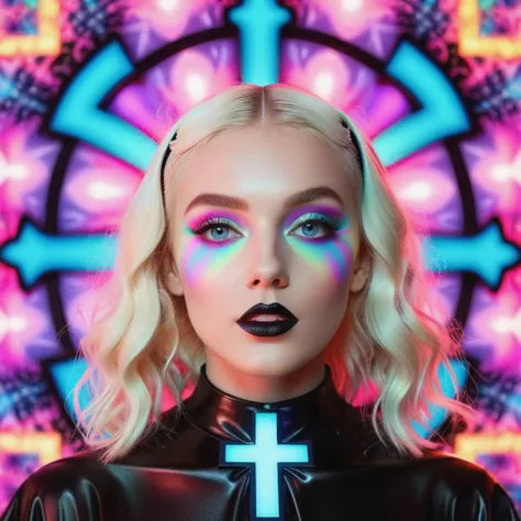 <lora:add-detail-xl:0.8> ((fullbody: 1.3)) ((perfect face: 1.3)) ((perfect inverted neon cross: 1.3)) (( a satanic image of a<lora:add-detail-xl:1>((a sexy Norwegian girl in a latex nun costume, looking at cross: 1.3)), opal colour Curly Finger Waves hair, perfect violet eyes in the style of larry carlson, fujifilm eterna vivid 500t, playful, youthful images, rainbowcore, traditional poses, 3d, kawaii aesthetic,fractal geometric patterns with rainbow hues :1.5)) ((black and white tiles with pastel coloured rainbows hues fractals fantasy image with a perfect inverted neon cross's, in the style of medicalcore, light azure and pink :1.5)), (fractal geometric patterns with rainbow hues :1.5)) ((black and white tiles with pastel coloured rainbows hues fractals :1.5)), ((mushroomcore :1.4)), hyper realistic detail, perfect eyes, ((fullbody :1.5)), ((heart shaped lights :1.5)), stunningly pretty, maxim, 128k, cinematic quality cinematic lighting, 1080p, sharpen, hyperrealism, (( psychedelic lsd trip background :1.4)), ((bright coloured fractals :1.5)) ((Larry Carlson :1.3)), , cinematic quality, cinematic lighting, voodoo, sinister,128k, hyper realistic, pastel colour palette,((mark ryden 1.3)) <lora:Larry Carlson Style:0.8> Larry Carlson Style page <lora:Polaroid_Film:0.8> polaroid film photography, soft focus
