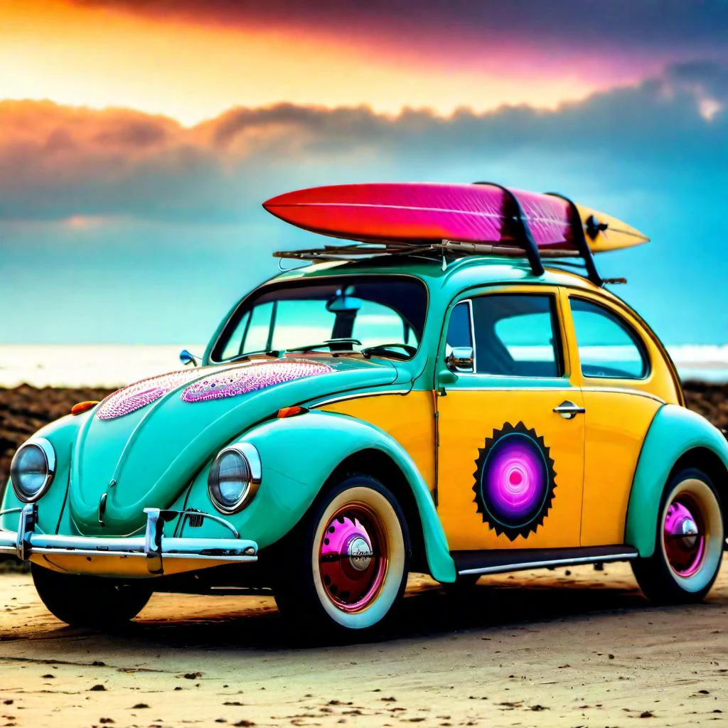 <lora:add-detail-xl:0.8> Vw beetle with vintage roof racks and surfboard and old vintage case on roof and with mag wheels parked at the beach at sunset,gorgeous looking, raw photography, high quality resolution, hyper realistic details, award winning photography, LEICA SL2 50MM f 1.4 kit mirrorless lens, maxim, cinematic quality, cinematic lighting( psychedelic lsd trip background 1.4), bright coloured fractals (Larry Carlson 1.3), , cinematic quality, cinematic lighting, voodoo, sinister,128k, hyper realistic, pastel colour palette,(mark ryden 1.3) <lora:bigeyes-xl-v1:0.8> big eyes, anime eyes <lora:Dark_Futuristic_Circuit_Boards:0.8> circuitboard, dark futuristic <lora:Larry Carlson Style:0.8> Larry Carlson Style page