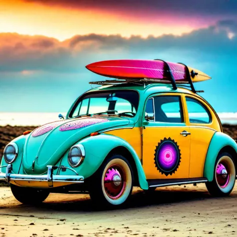 <lora:add-detail-xl:0.8> Vw beetle with vintage roof racks and surfboard and old vintage case on roof and with mag wheels parked at the beach at sunset,gorgeous looking, raw photography, high quality resolution, hyper realistic details, award winning photography, LEICA SL2 50MM f 1.4 kit mirrorless lens, maxim, cinematic quality, cinematic lighting( psychedelic lsd trip background 1.4), bright coloured fractals (Larry Carlson 1.3), , cinematic quality, cinematic lighting, voodoo, sinister,128k, hyper realistic, pastel colour palette,(mark ryden 1.3) <lora:bigeyes-xl-v1:0.8> big eyes, anime eyes   <lora:Dark_Futuristic_Circuit_Boards:0.8>  circuitboard, dark futuristic <lora:Larry Carlson Style:0.8> Larry Carlson Style page