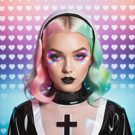 <lora:add-detail-xl:0.8> ((fullbody: 1.3)) ((perfect face: 1.3)) ((perfect inverted neon cross: 1.3)) (( a satanic image of a<lora:add-detail-xl:1>((a sexy Norwegian girl in a latex nun costume, looking at cross: 1.3)), opal colour Curly Finger Waves hair, perfect violet eyes in the style of larry carlson, fujifilm eterna vivid 500t, playful, youthful images, rainbowcore, a nun dressed like a monster looking at the camera, in the style of minimalist figures, mysterious backdrops, photography installations, cut-out silhouettes, hyper-realistic portraits, mcdonaldpunk, letras y figuras , 3d, kawaii aesthetic,fractal geometric patterns with rainbow hues :1.5)) ((black and white tiles with pastel coloured rainbows hues fractals fantasy image with a perfect inverted neon cross's, in the style of medicalcore, light azure and pink :1.5)), (fractal geometric patterns with rainbow hues :1.5)) ((black and white tiles with pastel coloured rainbows hues fractals :1.5)), ((mushroomcore :1.4)), hyper realistic detail, perfect eyes, ((fullbody :1.5)), ((heart shaped lights :1.5)), stunningly pretty, maxim, 128k, cinematic quality cinematic lighting, 1080p, sharpen, hyperrealism, (( psychedelic lsd trip background :1.4)), ((bright coloured fractals :1.5)) ((Larry Carlson :1.3)), , cinematic quality, cinematic lighting, voodoo, sinister,128k, hyper realistic, pastel colour palette,((mark ryden 1.3)) <lora:Larry Carlson Style:0.8> Larry Carlson Style page <lora:Polaroid_Film:0.8> polaroid film photography, soft focus