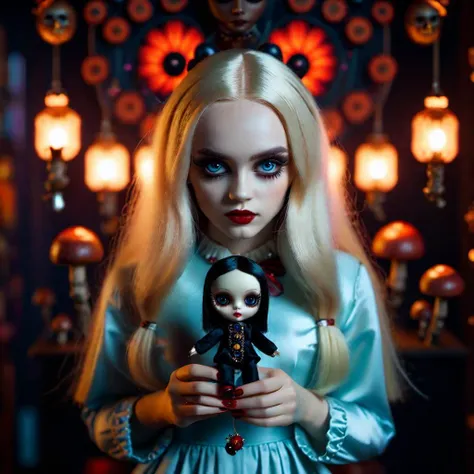 <lora:add-detail-xl:0.8> beautiful young norwegian gothic woman holding voodoo doll, in the style of Lsd magic mushrooms, Dollhouse Aesthetics 1080p, (mark ryden 1.3), 128k, babycore style, fullbody, long blond hair, indigo eyes, perfect eyes, perfect features, perfect hands, perfect body, 128k, 1080p, cinematic quality, cinematic lighting, voodoo, sinister, diabolical, testp, stunningly beautiful, maxim, hyper realistic details, lEICA SL2 50mm F 1.4 kit,mirrorless lens, <lora:bigeyes-xl-v1:0.8> big eyes, anime eyes <lora:Dark_Futuristic_Circuit_Boards:0.8> circuitboard, dark futuristic <lora:Larry Carlson Style:0.8> Larry Carlson Style page <lora:RMSDXL_Darkness_Cinema:0.8> <lora:RMSDXL_Enhance:0.8>