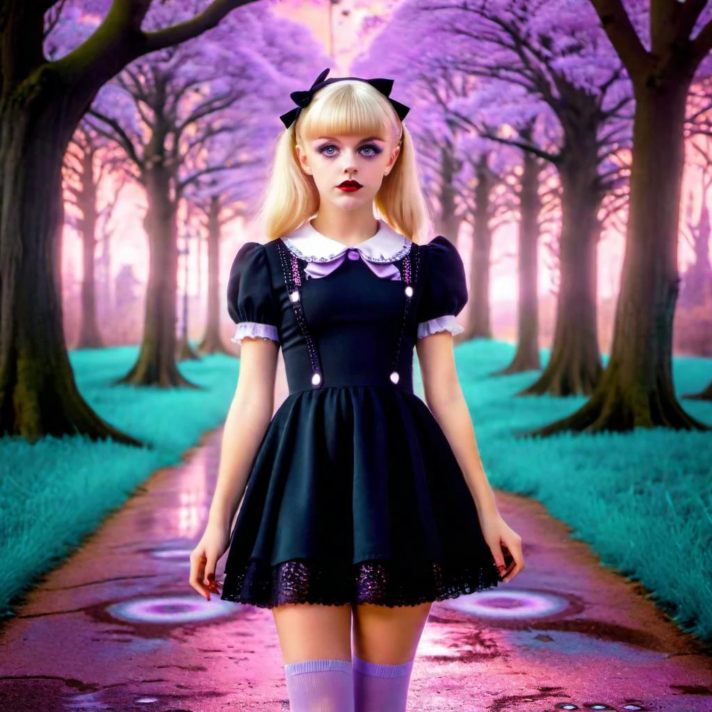 <lora:add-detail-xl:0.8> Petite blond girl wearing a short black lace dress with a lilac peter pan collar and white knee high socks and black mary jane shoes, selfie, poster, pastel colors, rudi giger, cinematic lighting, 3d, creepy, evil theme, ethereal, floral, ghostcore, gothic, paranormal, romantic, vaporwave, harlem renaissance, riverdale, sailor moon, bay and gable architecture, decora kei outfit, dumb blonde, raw candid photo perfect eyes, perfect face (psychedelic lsd trip background 1.4), bright coloured fractals (Larry Carlson 1.3), , cinematic quality, cinematic lighting, voodoo, sinister,128k, hyper realistic, pastel colour palette,(mark ryden 1.3) <lora:bigeyes-xl-v1:0.8> big eyes, anime eyes <lora:Dark_Futuristic_Circuit_Boards:0.8> circuitboard, dark futuristic <lora:Larry Carlson Style:0.8> Larry Carlson Style page