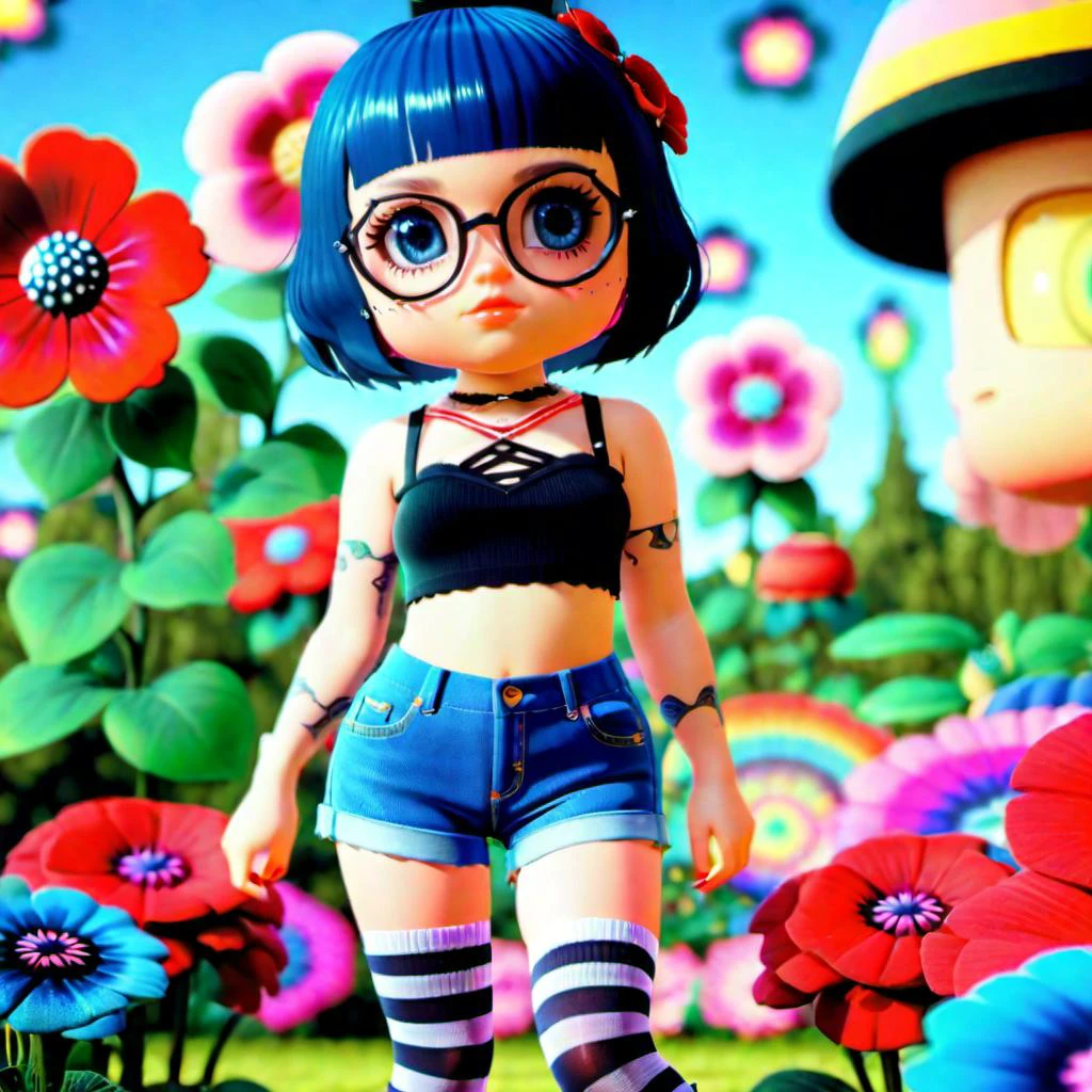 <lora:add-detail-xl:0.8> Emo girl with black and white striped thigh high socks and denim shorts with lace, large flower garden in background, fullbody, perfect eyes, glasses, piercings, fully coloured tattoos, maxim, perfect eyes, perfect features, 128k, black light, neon hues, stunningly pretty, hyper realistic details, cinematic lighting, cinematic quality, sharpen, Canon EOS1200p( psychedelic lsd trip background 1.4), bright coloured fractals (Larry Carlson 1.3), , cinematic quality, cinematic lighting, voodoo, sinister,128k, hyper realistic, pastel colour palette,(mark ryden 1.3) <lora:bigeyes-xl-v1:0.8> big eyes, anime eyes <lora:Dark_Futuristic_Circuit_Boards:0.8> circuitboard, dark futuristic <lora:Larry Carlson Style:0.8> Larry Carlson Style page <lora:dongsen_xl:0.8> chibi,3D