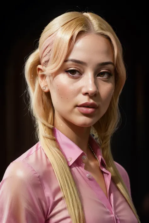 portrait photo of alexaDem1 ,(bright pink shirt), (dirty blonde hair). hair slicked back, alluring portrait, intricate, highly detailed, digital painting, artstation, concept art, naughty, sharp focus, cinematic lighting, illustration, art by artgerm and greg rutkowski, alphonse mucha, cgsociety