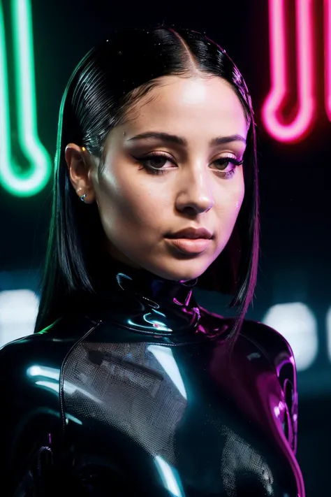 alexaDem1 in cyber neon lighting, futurism, intricate futuristic jewelry accessories, cyberpunk glossy white latex turtleneck, hyper photorealistic, crispy quality, digital photography, trending in artstation, trending in pinterest, cinematic, 4 k ultra hd, art by pascal blanche, art by greg rutkowski