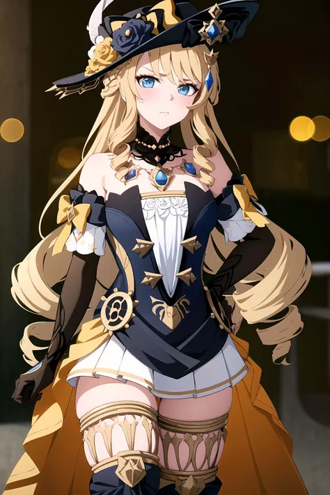 (masterpiece:1.2),(extremely detailed CG unity 8k wallpaper),best illustration,ultra detailed,top quality,absurdres,Unreal Engine,1girl,solo,(looking_at_viewer:1.3),(disgust:1.3),disappointed,blush,hat,blonde hair,long hair,drill hair,twin drills,blue eyes,jewelry,flower,bare shoulders,black gloves,dress,thighhighs,thigh boots,boots,sharp focus,depth of field,(bokeh:1.3),blurry_foreground,blurry_background,dark fantasy,starlight,star_trail,((cinematic light)),<lora:navia:1>,cowboy_shot,(from_below:0.6),