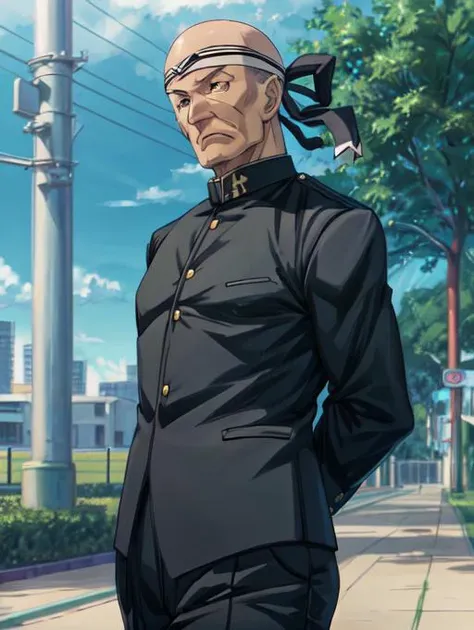 best quality, masterpiece, highres, detailed, perfect anatomy,  <lora:Detail - add_detail:0.2>,  OuendanCh, black uniform, headband, outdoors, fierce, pants, arms behind back, <lyco:Change - Ouendan:0.8>, c-tadokoro, bald:4, old man, <lora:Character - Tadokoro:0.7>, black eyes, 1man, school, teacher,