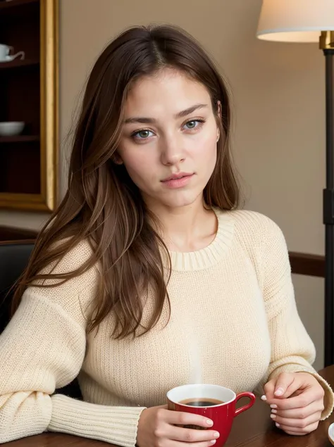Analog photo, tv_Emilie_Andersson_MXAI , wearing a cozy knitted sweater, sitting in a café, holding a steaming mug with both hands, happy expression,, (((Ultra-HD-details, Ultra-HD-detailed, Ultra-HD-realistic, Ultra-HD-photo-same-realistic-quality-details))), 8k uhd, dslr, soft lighting, high quality, film grain, Fujifilm XT3