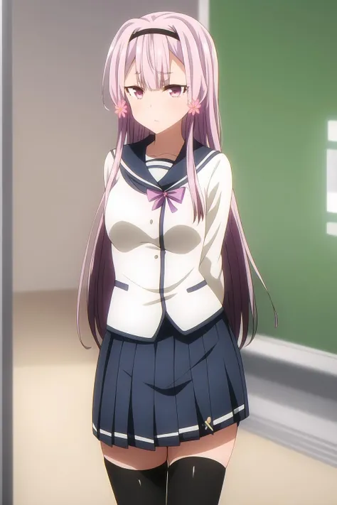 1girl, purple eyes, hair flower, hair ornament, hairband, long hair, looking at viewer, light purple hair, black legwear, pleated skirt, school uniform, serafuku, skirt, thighhighs, zettai ryouiki, sakura_akino, <lora:add_detail:0.7>