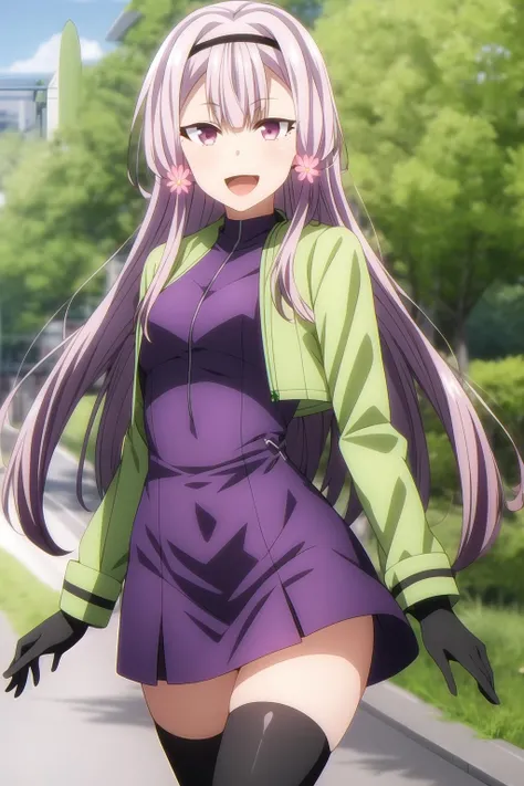 1girl, purple eyes, hair flower, hair ornament, hairband, long hair, looking at viewer, light purple hair, smile, :d, solo, black gloves, black legwear, gloves, green dress, green footwear, green jacket, jacket, thighhighs, outdoor, sakura_akino, <lora:add_detail:0.7>
