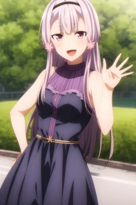 1girl, purple eyes, hair flower, hair ornament, hairband, long hair, looking at viewer, light purple hair, smile, :d, solo, dress, outdoor, sakura_akino, pose, <lora:add_detail:0.7>