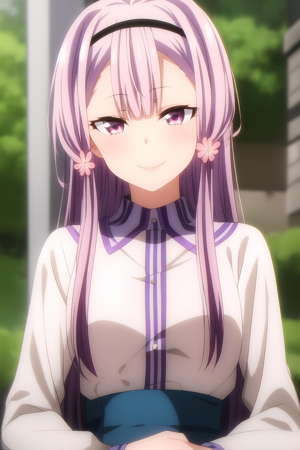 Anime girl with long purple hair and a white shirt - SeaArt AI