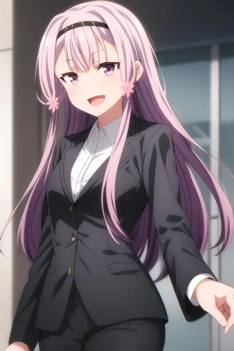 1girl, purple eyes, hair flower, hair ornament, hairband, long hair, looking at viewer, light purple hair, smile, :d, black jacket, formal, jacket, long sleeves, shirt, solo, suit, white shirt, sakura_akino, <lora:add_detail:0.7>