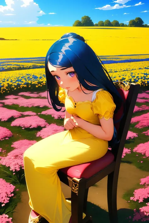 1girl, Physically based render, fairy tale, Spellbinding Salvadoran (Mosese of Foam:1.3) sitting in a Stool, narrow eyes, Tender lips, flower field, Clear skies, baroque art, by Johannes Vermeer, Anime screencap, Cyberpop, Side lighting