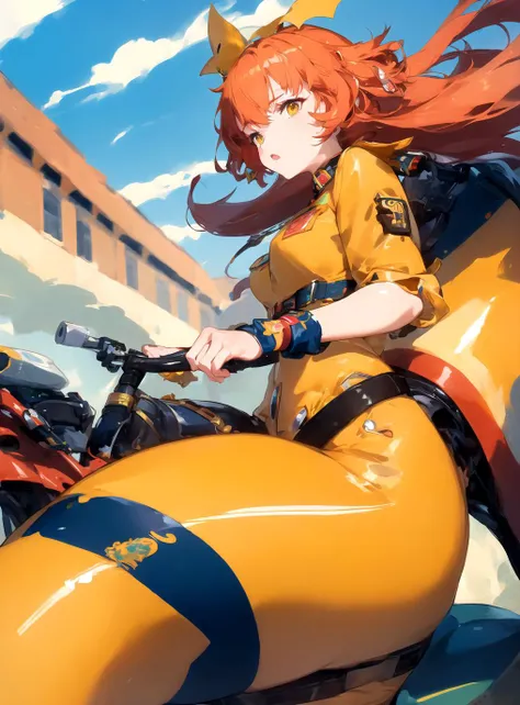 (((masterpiece))) , (((best quality))) , anime style, 2d, Nonchalant Cossack pretty 1girl, solo, driving 4 wheeled vehicle, dressed in DayGlo yellow dragon-style Edwardian clothing, she has Curtain bangs hairstyle, key visual