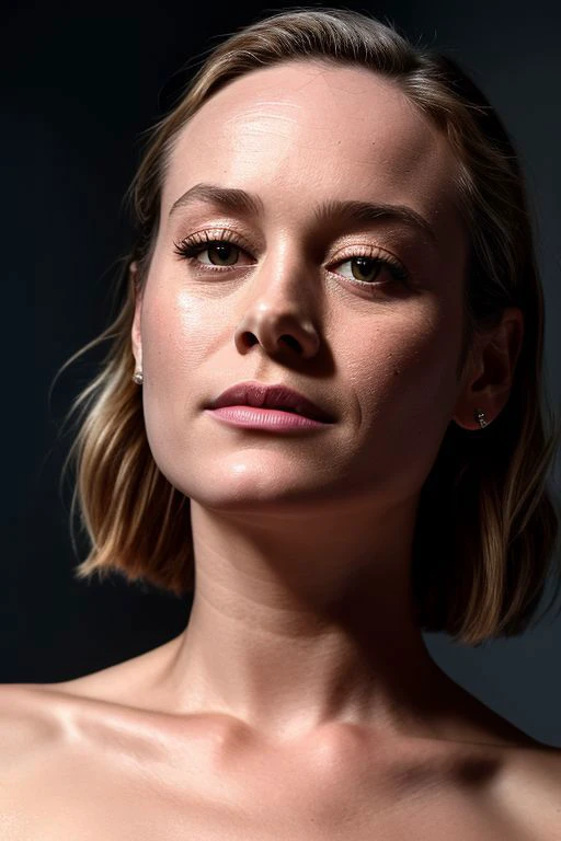 (CR-Bri3Larson-frankyfrank2k:0.9), closeup portrait of young woman, grey background, tilted pose shot, topless, slick undercut hair, oiled shiny skin,