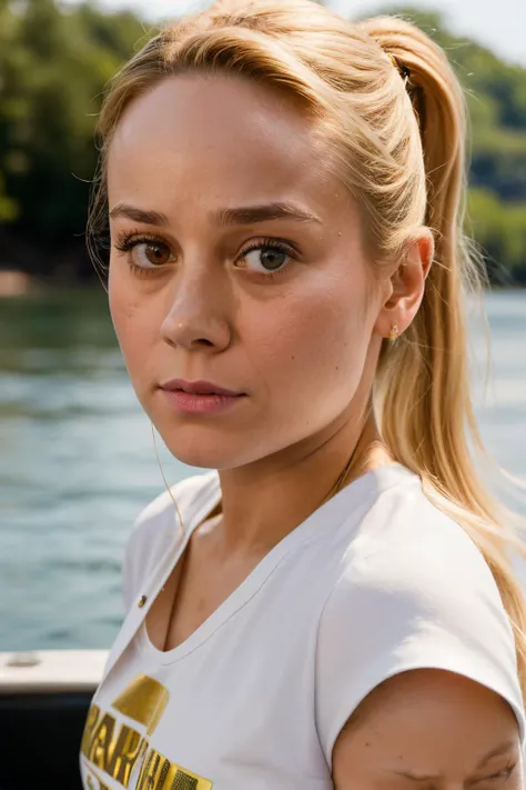 RAW, real photo portrait, brieL2 , on a boat, (wearing ms marvel t-shirt), pretty face, insanely detailed eyes, light blonde hair, high ponytail, bokeh, natural light, depth of field, golden hour, sharp focus
