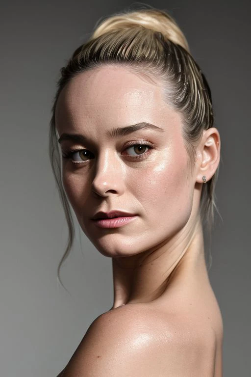(CR-Bri3Larson-frankyfrank2k:0.9), closeup portrait of young woman, grey background, tilted pose shot, topless, slick undercut hair, oiled shiny skin,