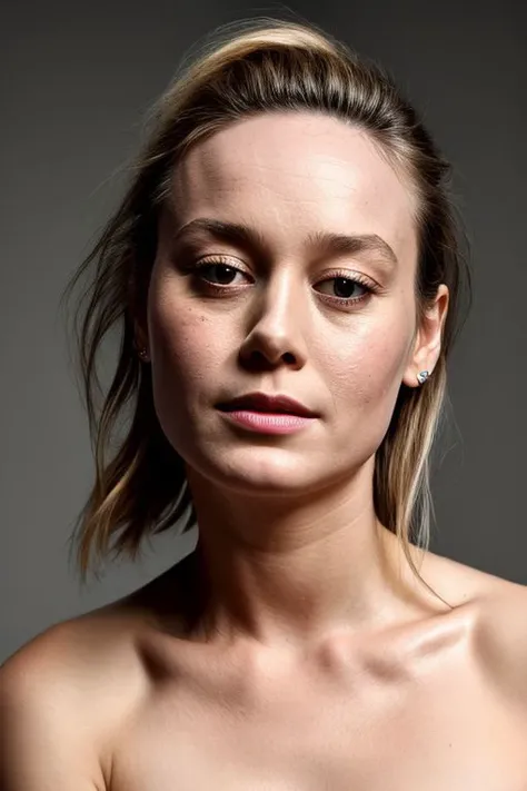 (CR-Bri3Larson-frankyfrank2k:0.9), closeup portrait of young woman, grey background, tilted pose shot, topless, slick hair, oiled shiny skin,