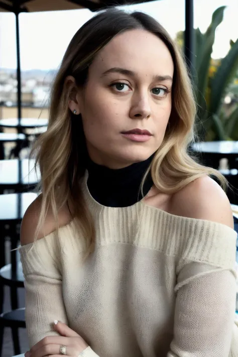 brieL2 piercing eyes, looking straight, very happy,long hair, wearing an off-shoulder sweater, choker, closeup portrait, in a outdoor cafe in 2015, afternoon light