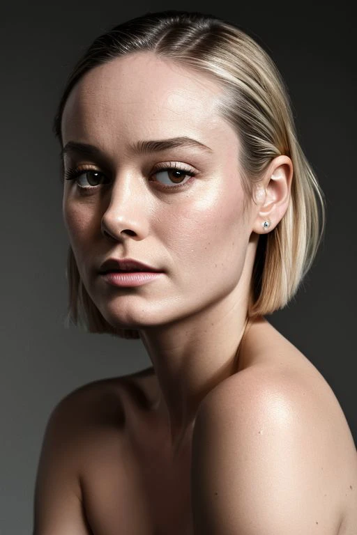(CR-Bri3Larson-frankyfrank2k:0.9), closeup portrait of young woman, grey background, tilted pose shot, topless, slick undercut hair, oiled shiny skin,