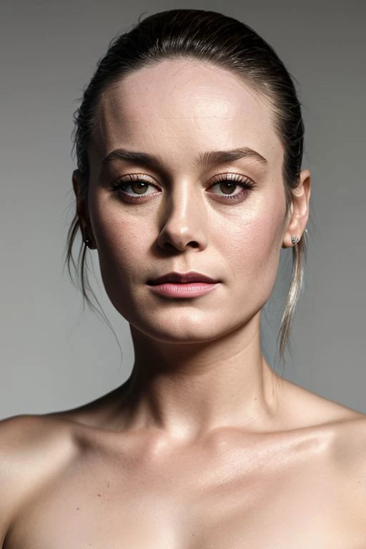 (CR-Bri3Larson-frankyfrank2k:0.9), closeup portrait of young woman, grey background, tilted pose shot, topless, slick undercut hair, oiled shiny skin,